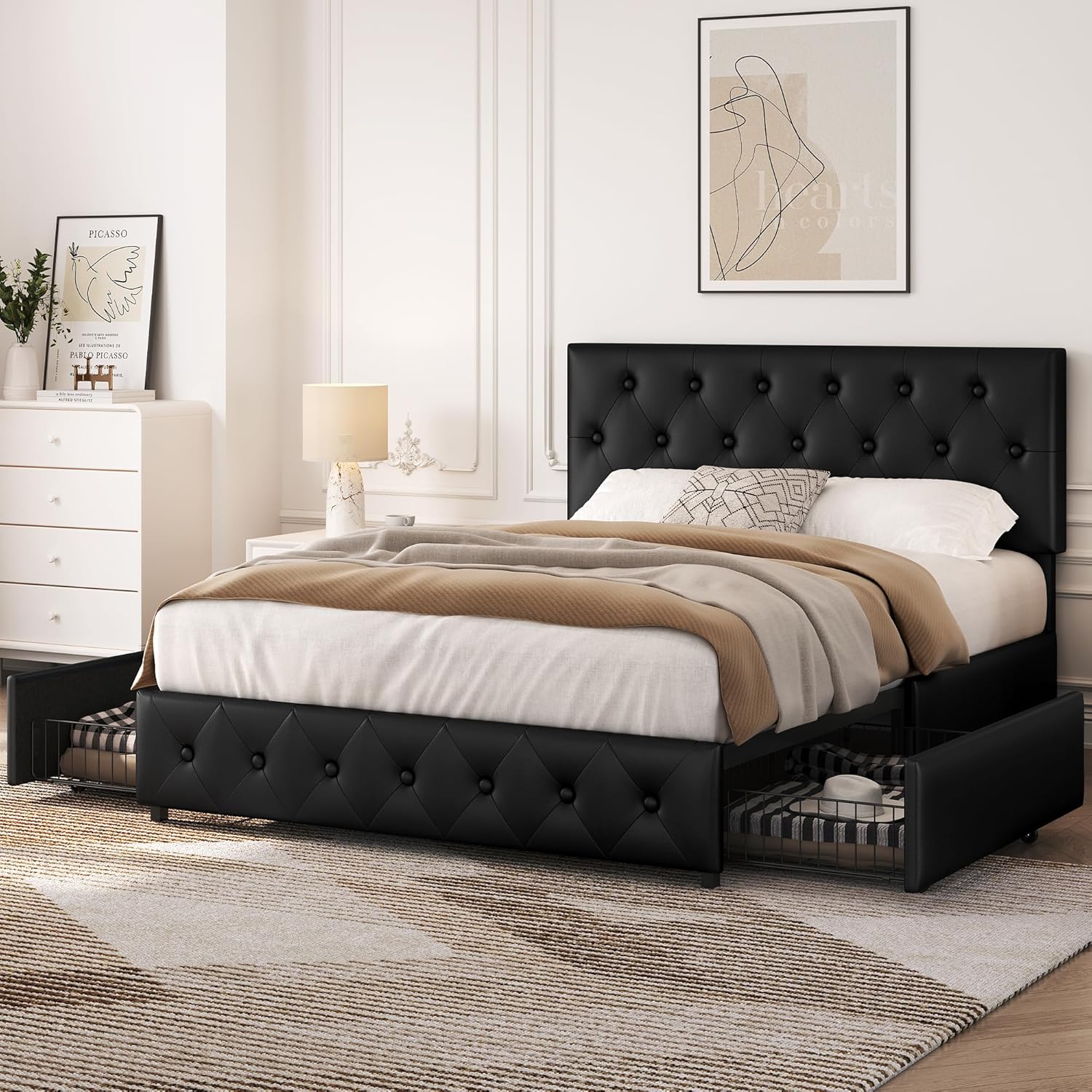Yaheetech Polsterbett 140 x 200 cm Doppelbett Bettrahmen mit 2 Schubladen höhenverstellbares Kopfteil Gepolstertes Bett mit Lattenrost viel Stauraum, Schwarz