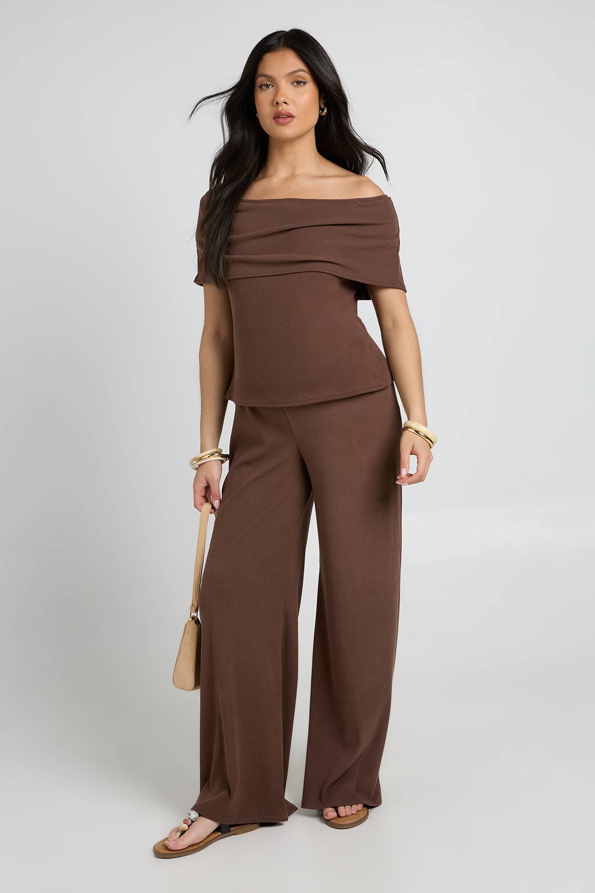 boohoo Ensemble Coordonné Maternité Haut Bardot Côtelé Doux Et Pantalon Jambes Larges