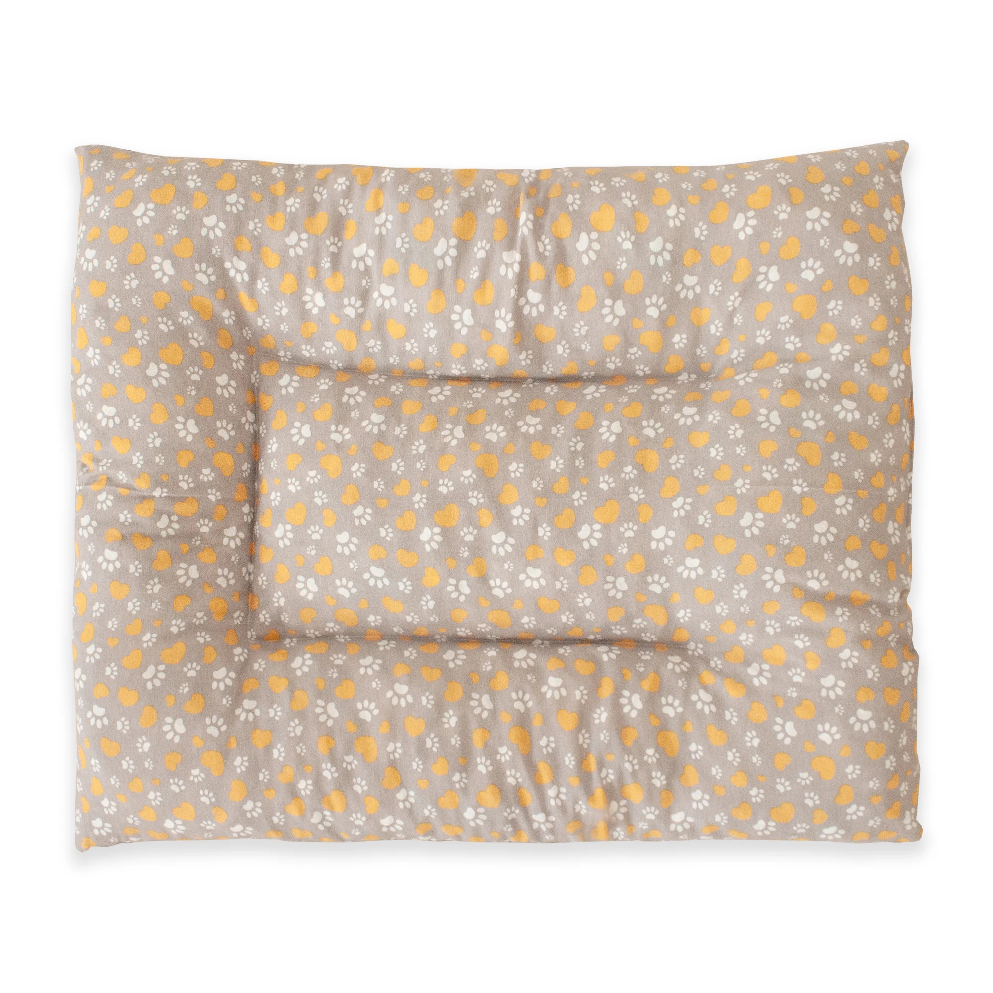 Almofada grande acolchoada para animais de estimação. Cinza com corações amarelos e pegadas brancas. 85x70x10 cm