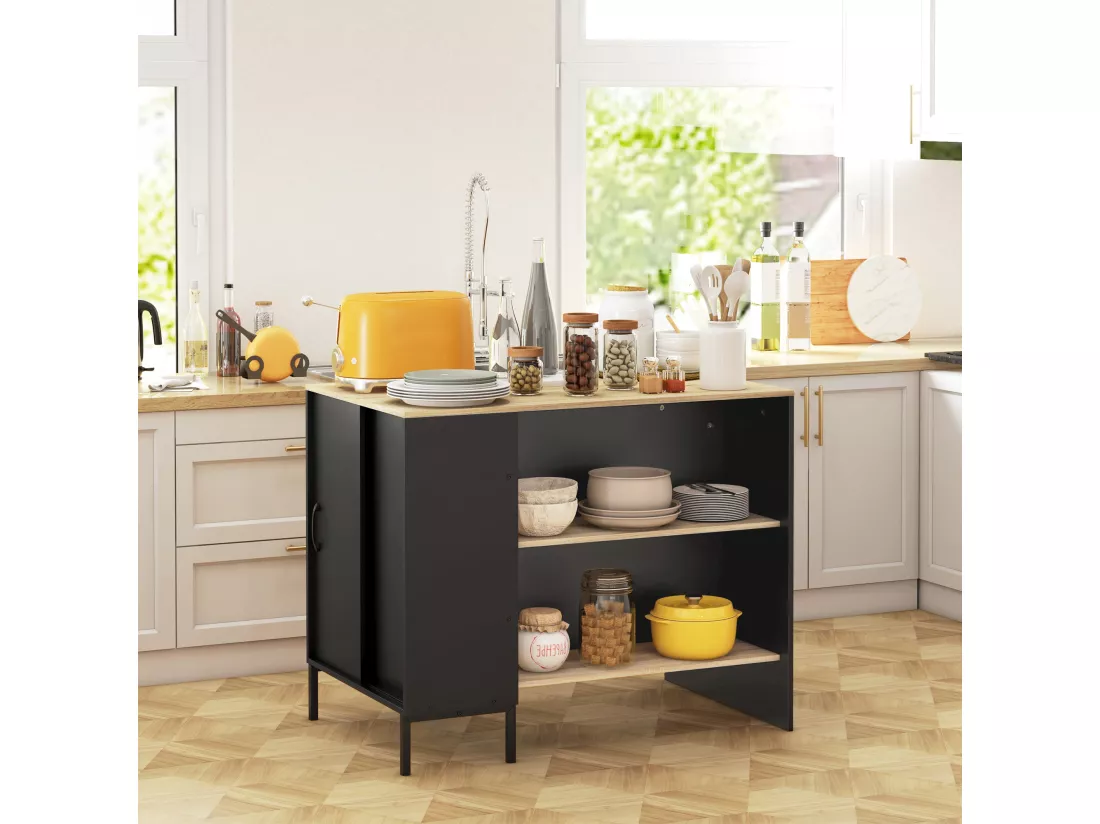 Îlot de cuisine multi-rangement - 2 étagères, placard 2 portes coulissantes avec étagère, porte couteaux - acier panneaux noir chêne clair
