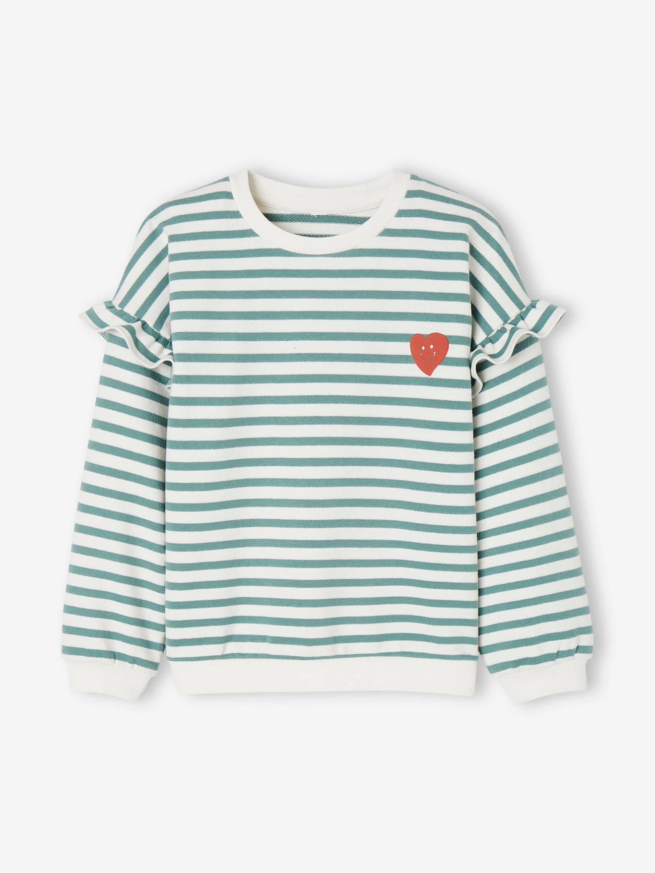 Blusa de moletom estilo marinheiro com mangas bufantes para meninas, listras verdes