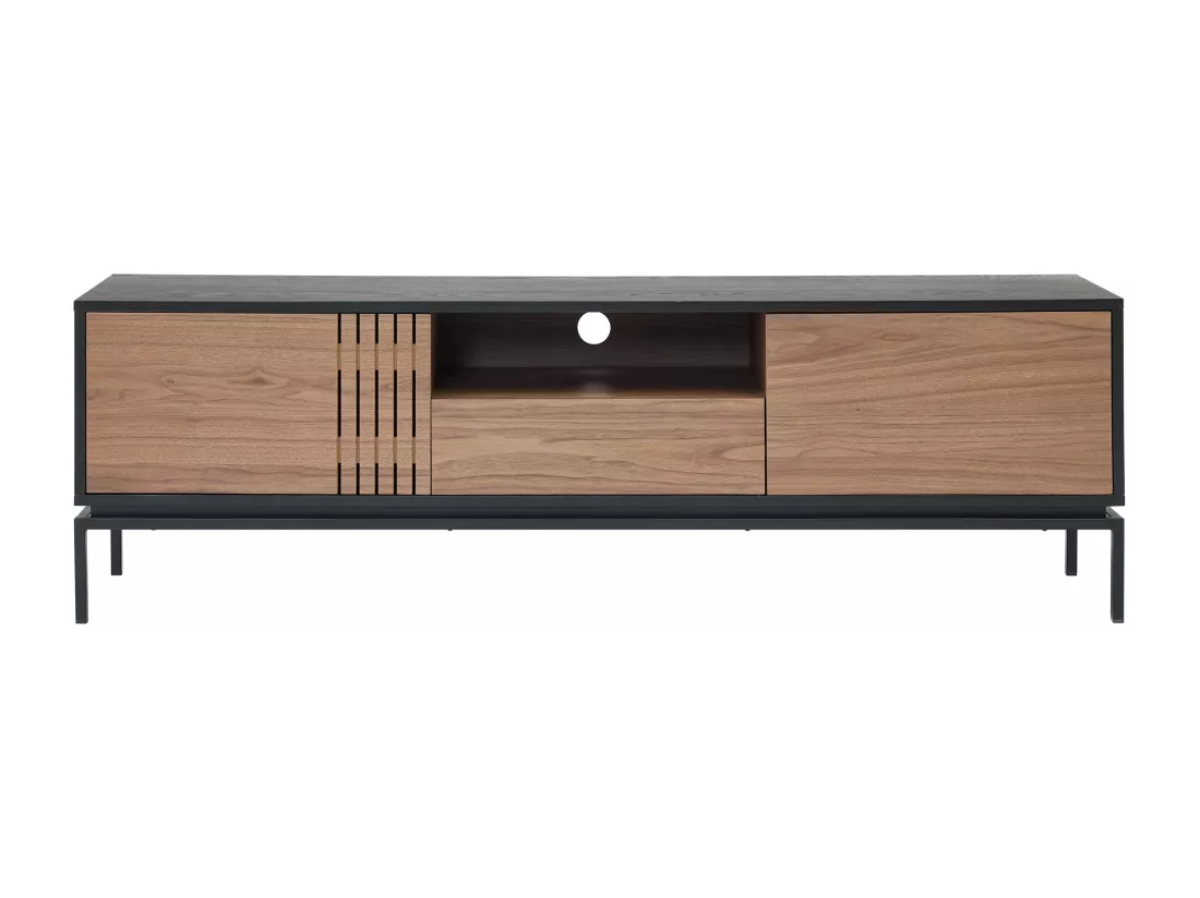 Meuble TV avec 2 portes, 1 tiroir et 1 niche placage noyer et métal - Naturel foncé et Noir - ZINORI