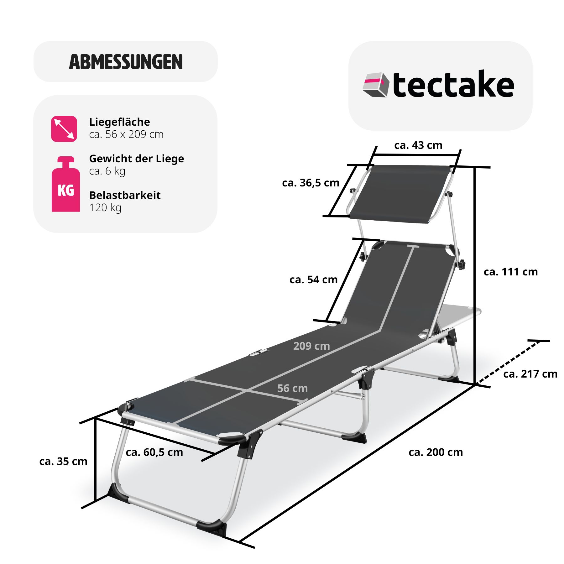 tectake® Sonnenliege, klappbar, 6-fach verstellbare Rückenlehne, 217 x 60,5 x 72 cm