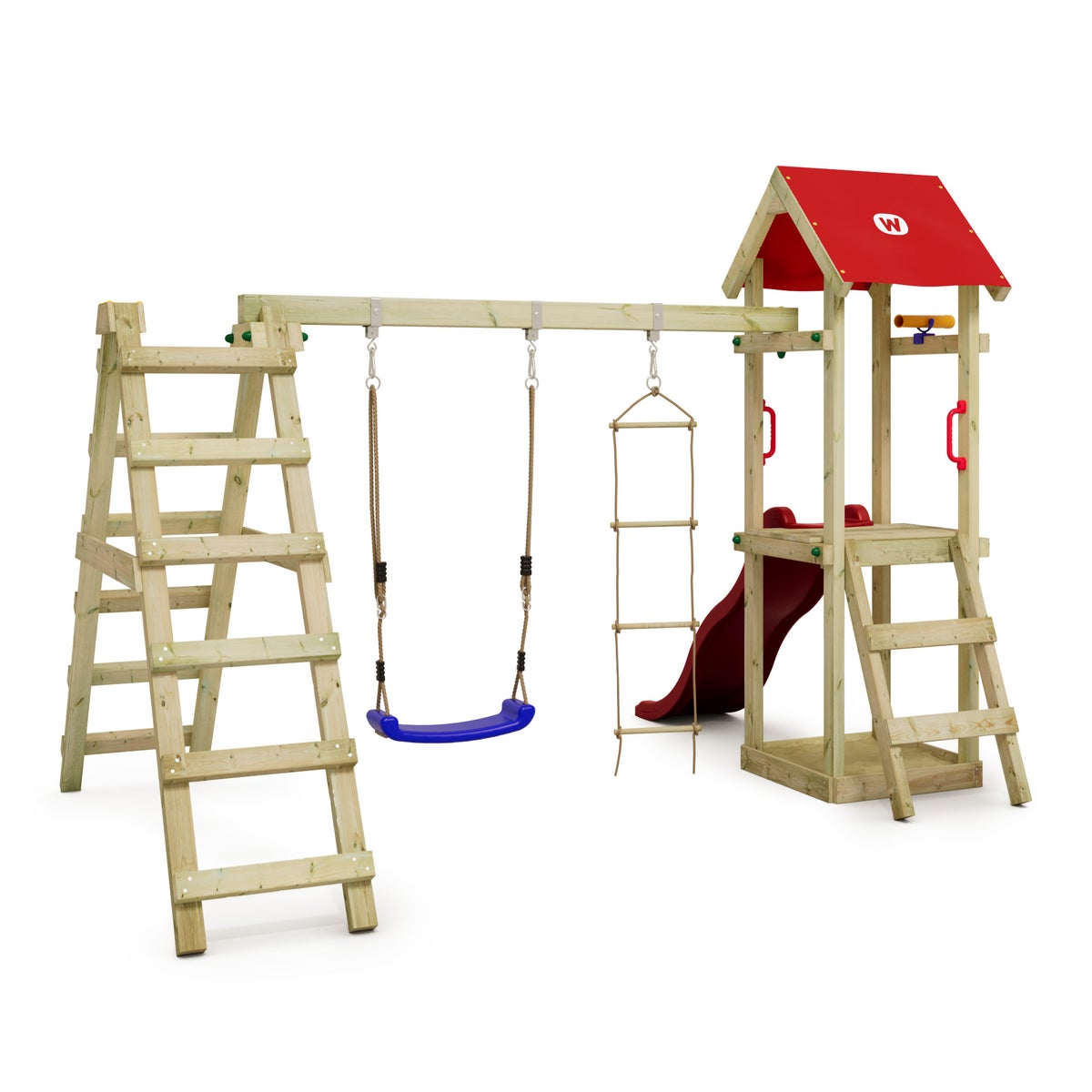WICKEY TinyLoft Speeltoren Klimrek met Schommel en Glijbaan, Klimtoren met Zandbak, Ladder en Speelaccessoires - Rood