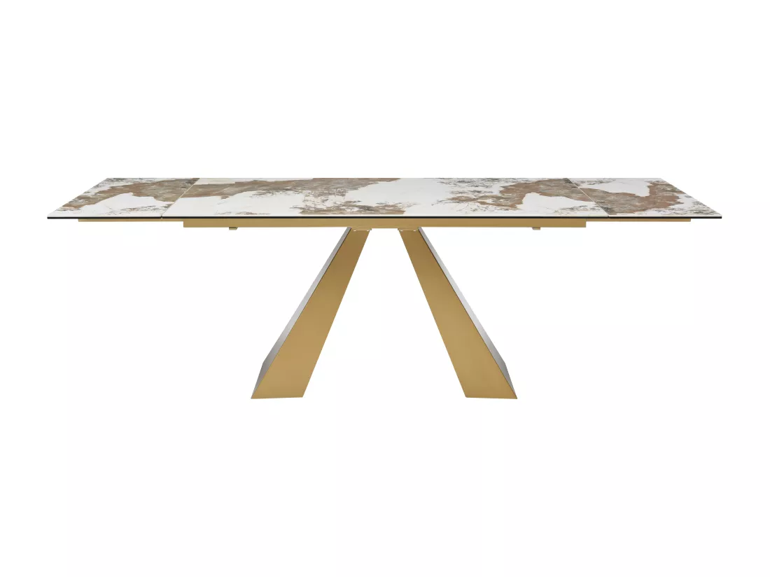 Table à manger extensible 6 à 10 personnes en verre trempé, céramique et métal doré - Effet marbre blanc et taupe - LOZIPA de Maison Céphy