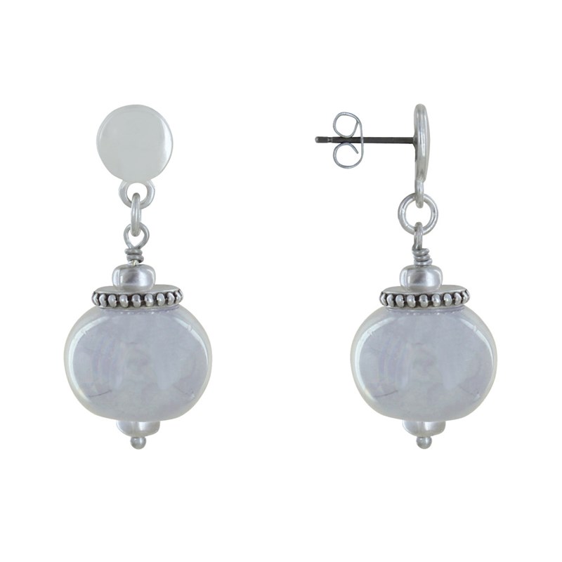 Boucles d'Oreilles Clous Métal Argenté et Grosses Perles en Céramique