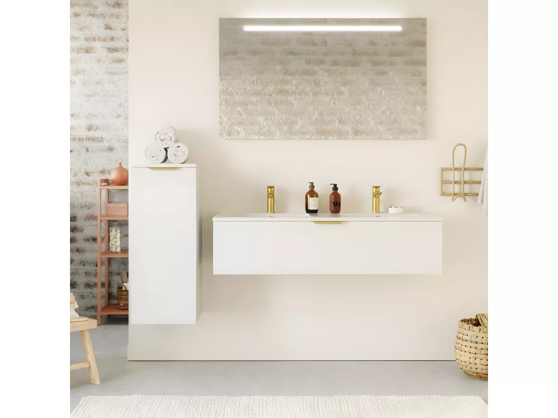Meuble de salle de bain suspendu double vasque intégrée 120cm 1 tiroir Blanc - Venice