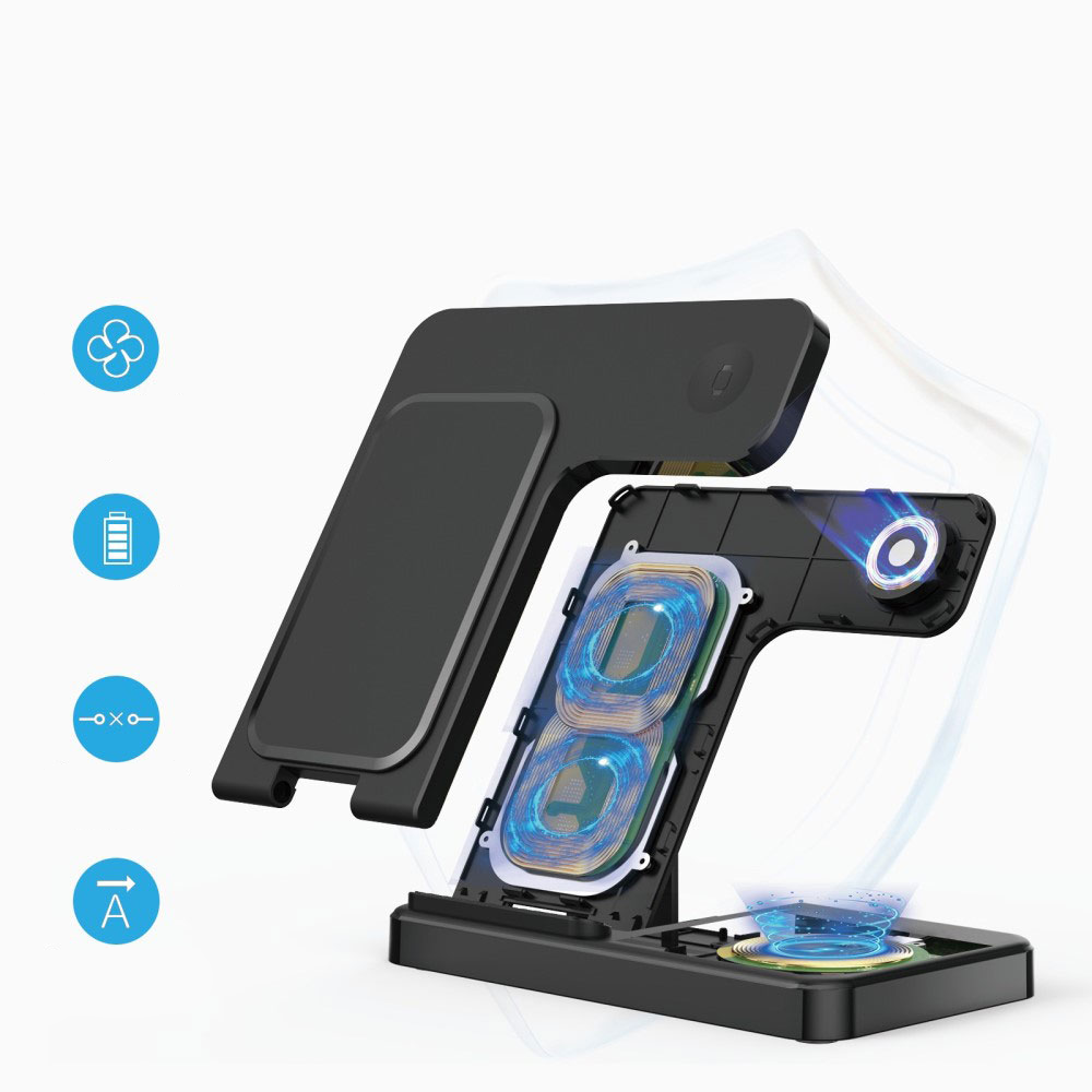 (15W) 3in1 Ladegerät Qi Wireless Charger Faltbarer Ladeständer für Apple Watch / Smartphone / AirPods - Weiss