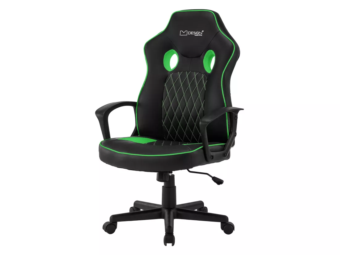 Chaise de gamer avec fonction bascule assise large noir/vert en similicuir ML-Design