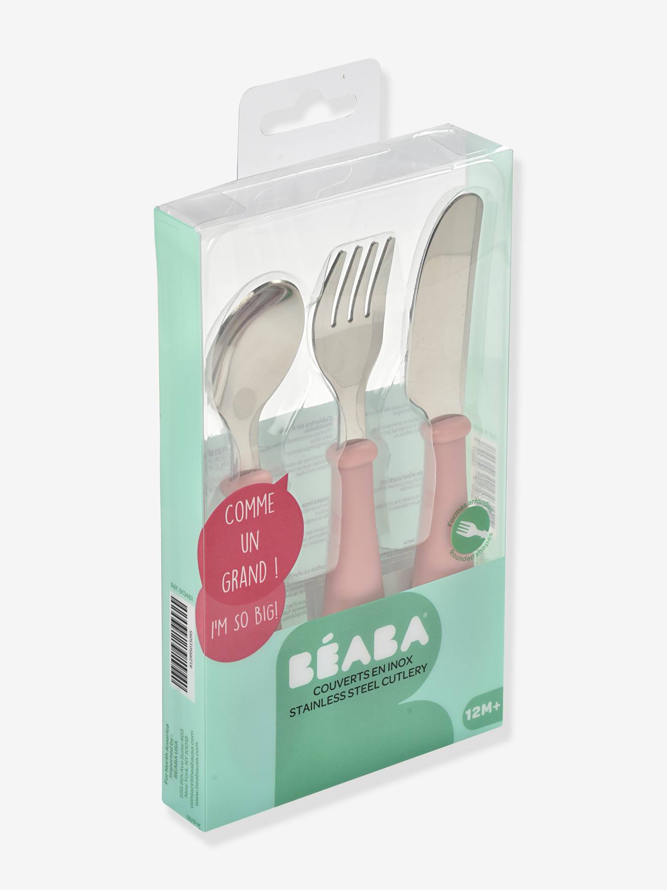 Conjunto de talheres de aprendizagem BEABA de 3 peças em aço inoxidável rosa claro liso.