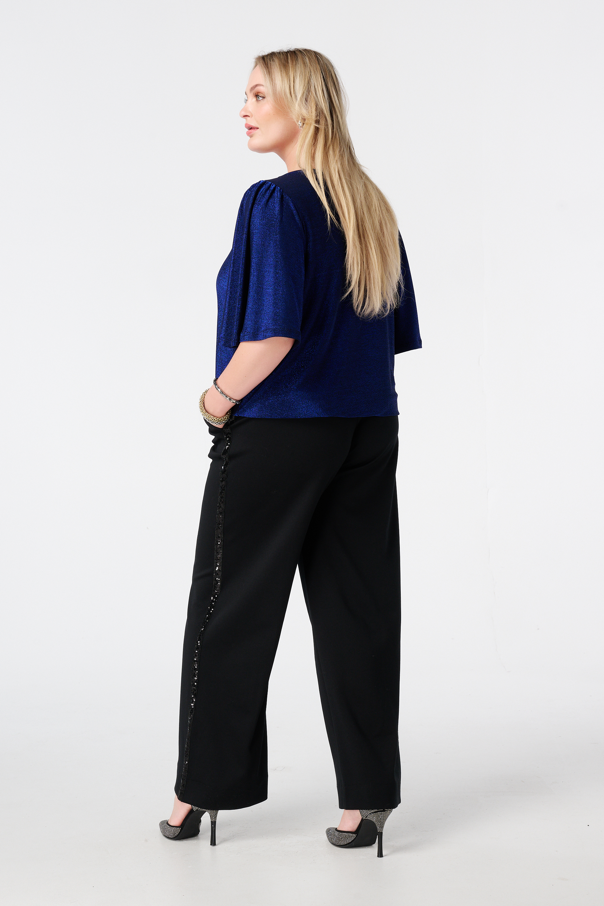 Wide leg pantalon met stretch en zijstreep Zwart