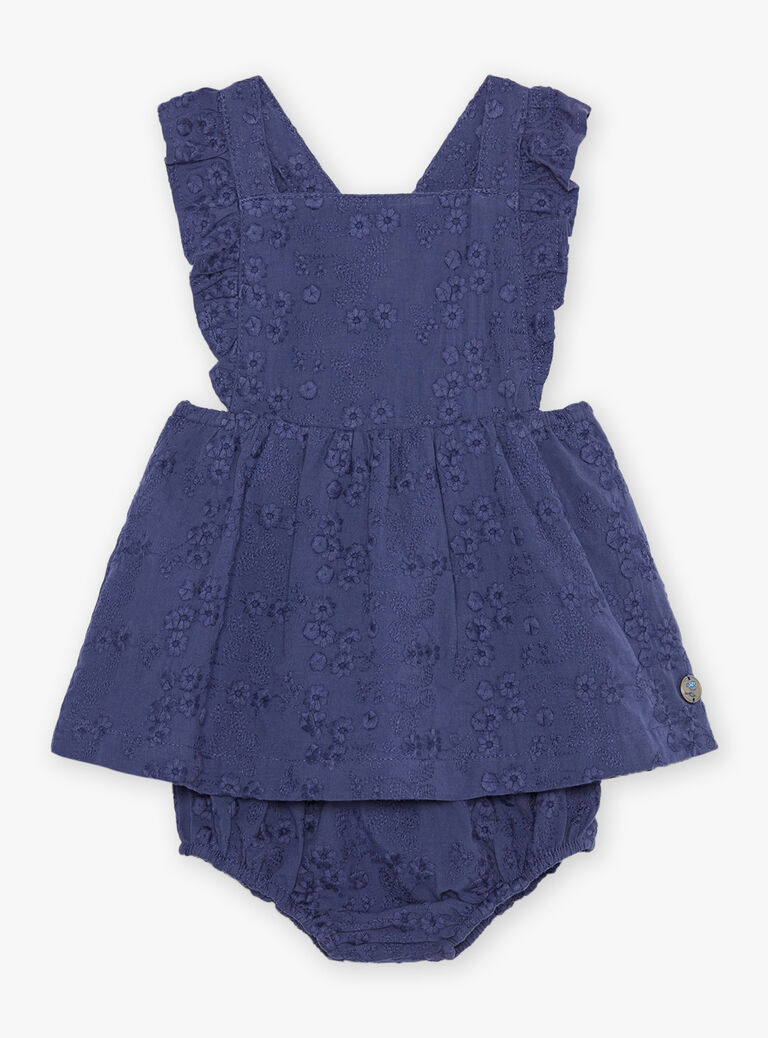 Robe bleu nuit en popeline à broderies fleuries