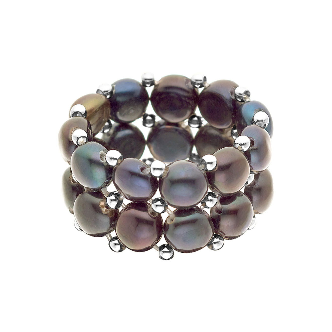Mitzuko Bague élastique 2 rangs Perles d'Eau Douce noires