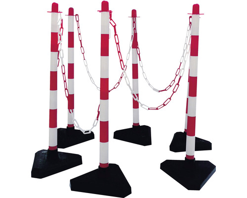 Kettingstandaardset, kunststof palen Ø 40 90 cm, rood-wit, driehoekige grondplaat, afzetketting en verbindingsschakels