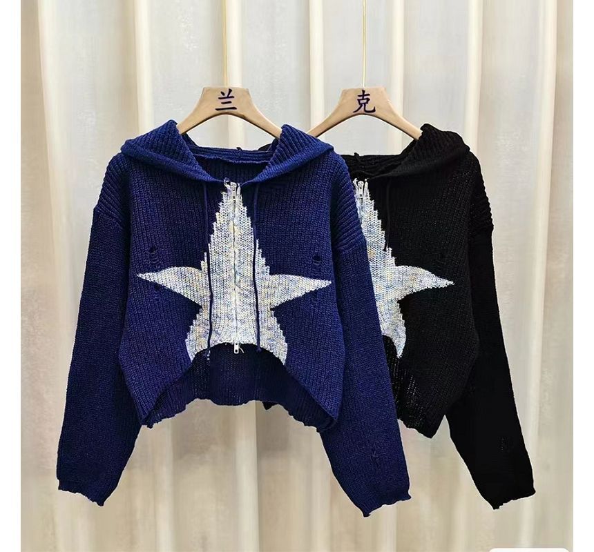 Everose - Tweekleurige sterrenprint, cropped gebreide hoodie met dubbele rits