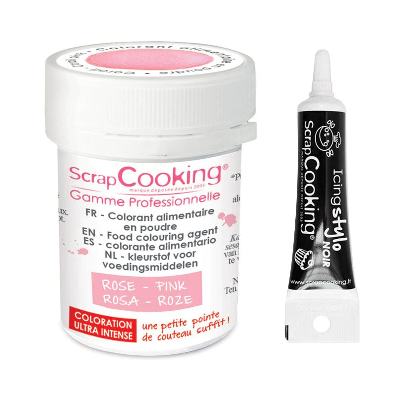 Colorant alimentaire en poudre rose poudré + Stylo glaçage noir Scrapc