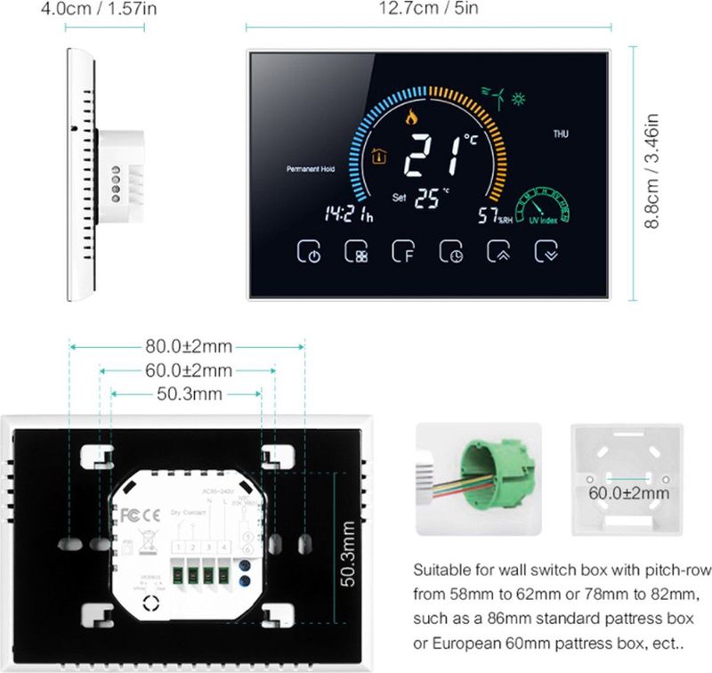 Slimme Inbouw WiFi Thermostaat | C.V. Installatie | Boiler | Zwart | 3amp | 4-Draads | 90-240v