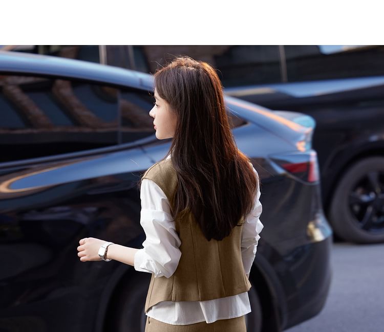 Jeonseon - Set: V-hals effen dubbelrijs vest + middelhoge effen wijde broek