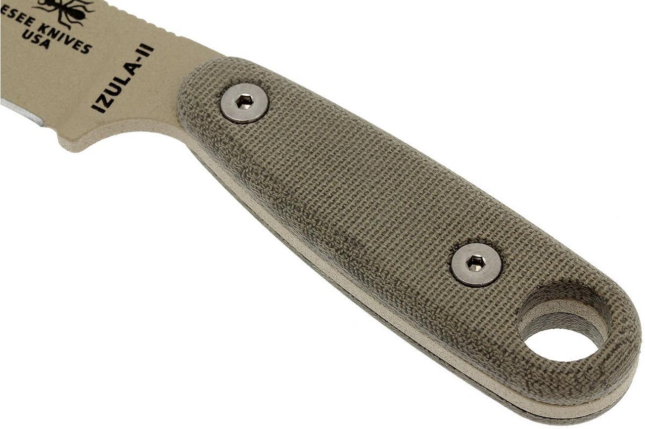 ESEE Izula II Desert Tan IZULA-II-DT survivalmes met zwarte schede   riemclip