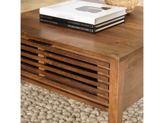 ALIX - Table basse carrée 70x70cm en bois de manguier 2 tiroirs ajourés