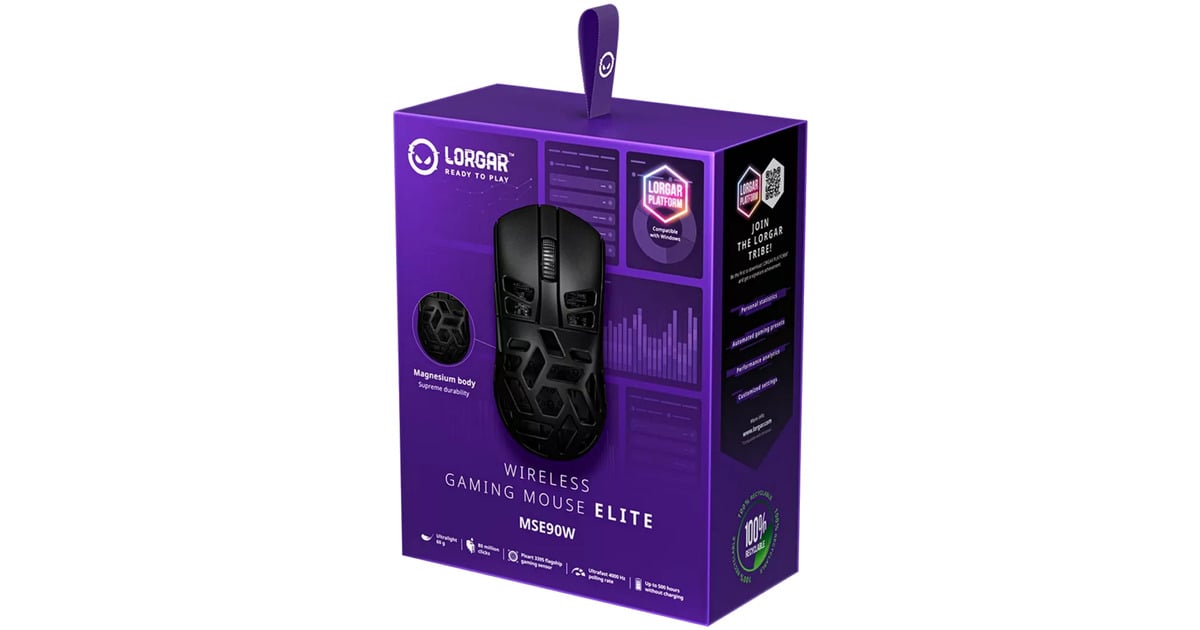 LORGARMSE90W gaming muis  (Zwart, 100 - 26000 dpi, Ultralight)