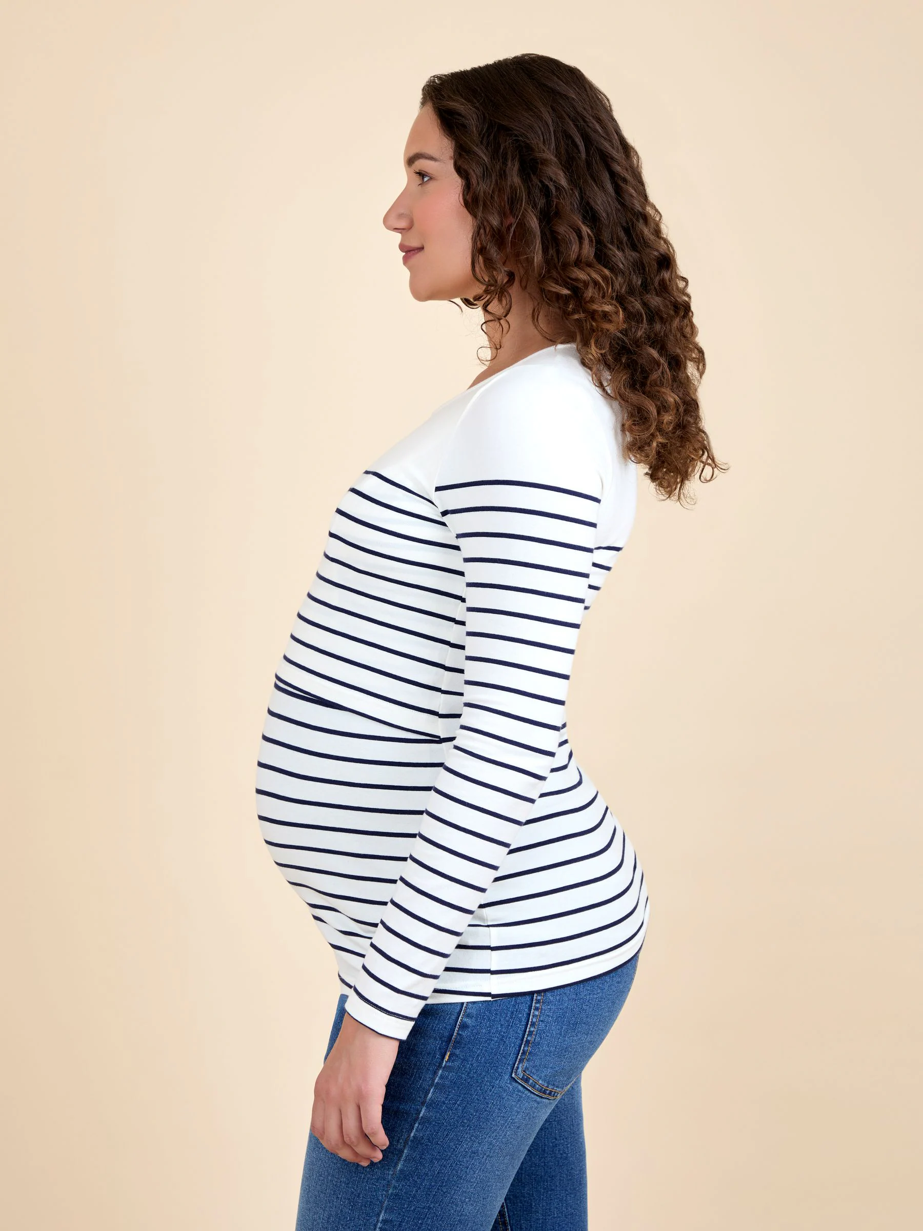 Marineblauw-ecru gestreept - JoJo Maman Bébé Gestreepte zwangerschaps- en borstvoedingstop met lange mouwen