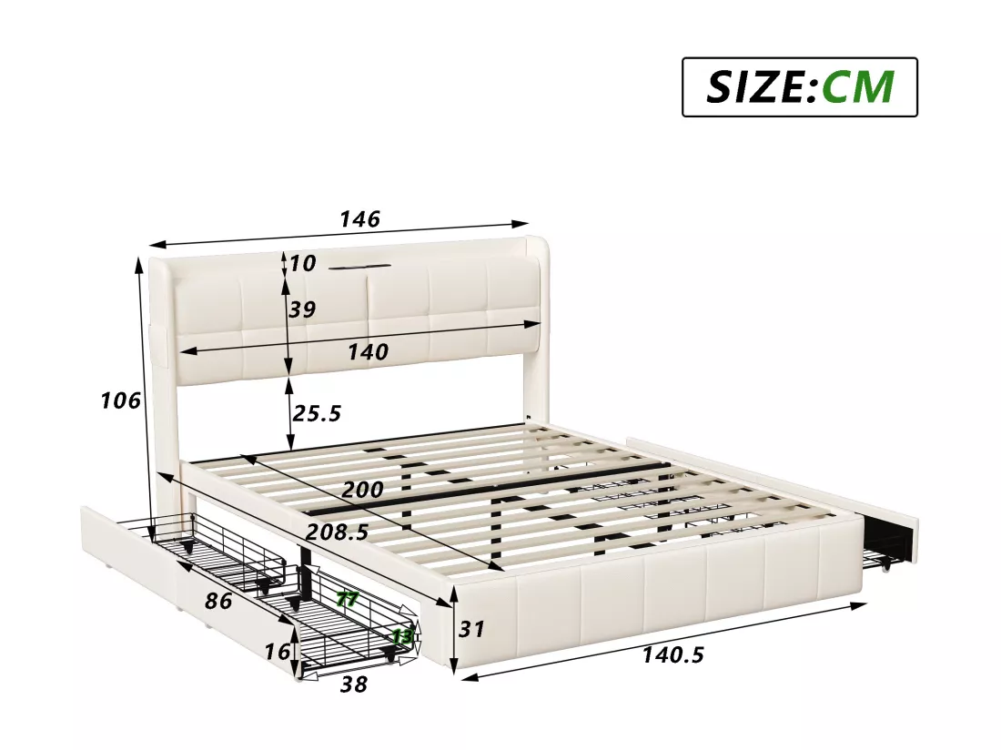Lit double 140 x 200 avec 4 tiroir, avec chargement USB,PU,Beige
