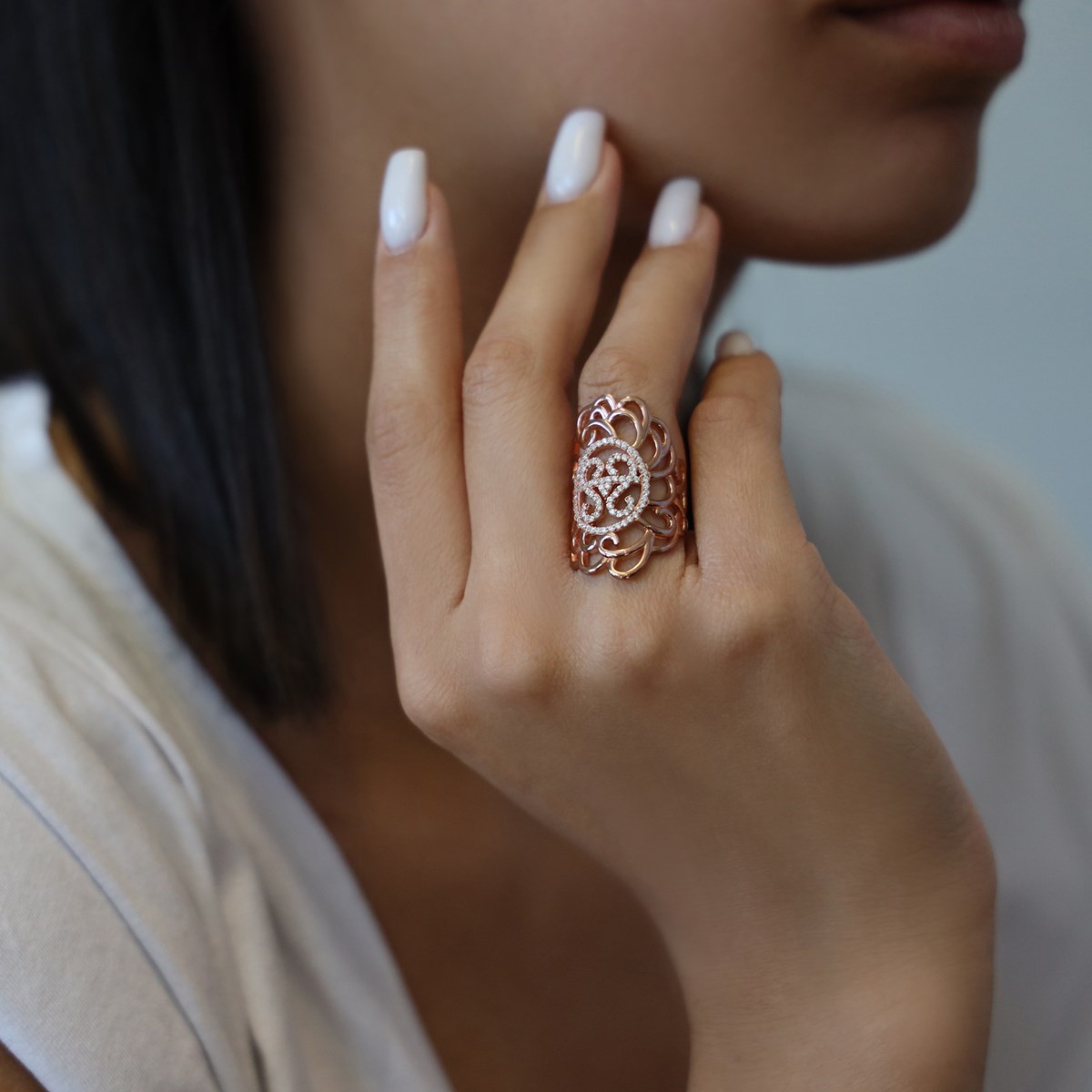 Bague Argent Rose Arabesque Orus Sertie