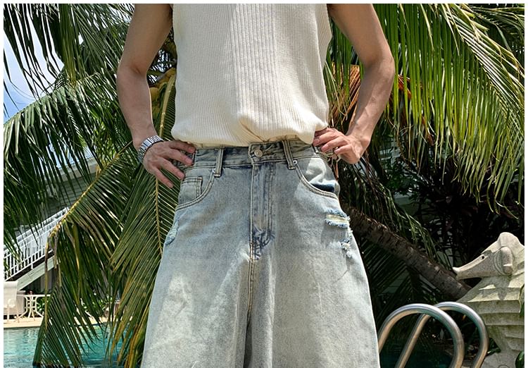 GRAYCIOUS - Mid Rise Washed Distressed Wide Leg Jorts