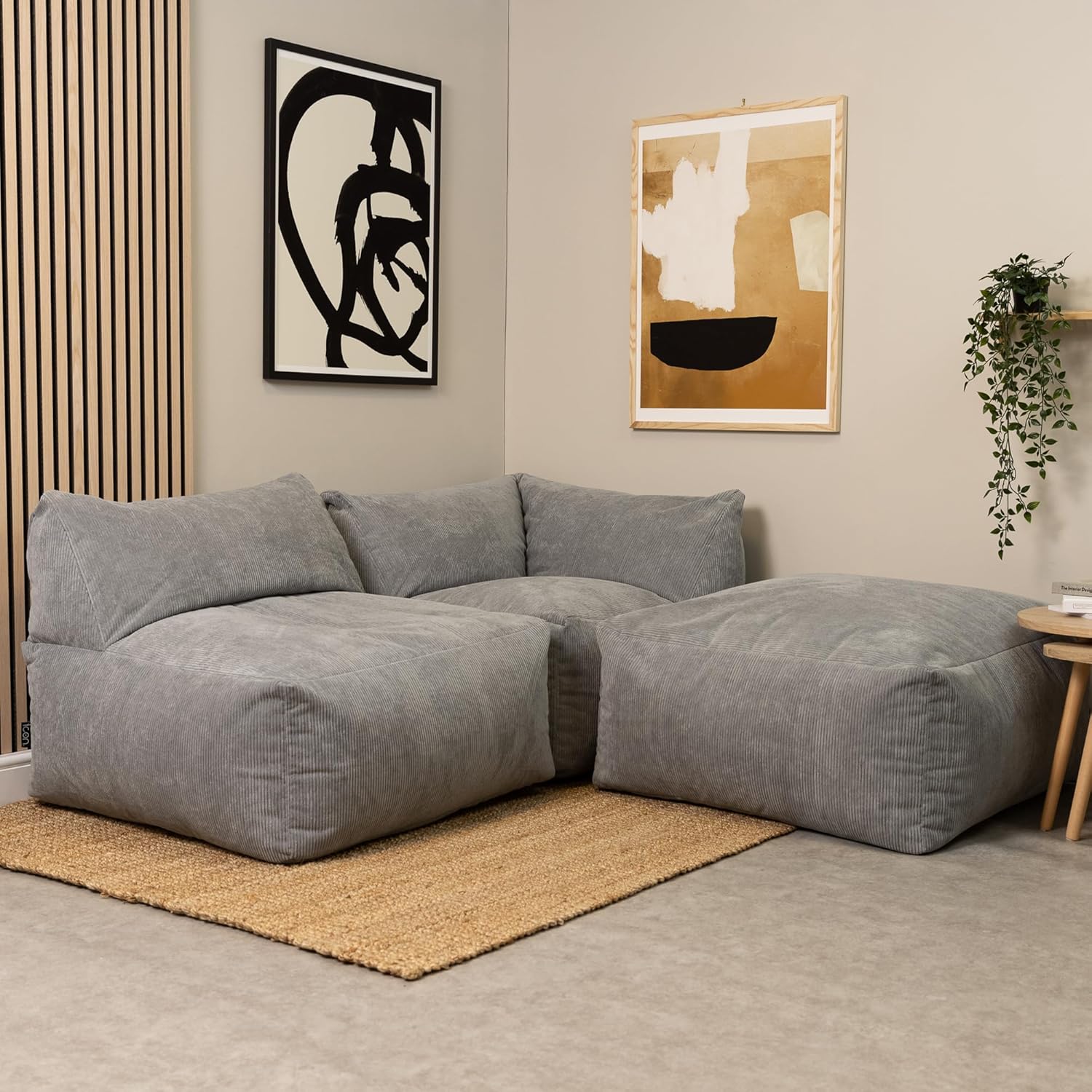 Icon Tetra Sitzsack und Hocker, Modular Sofa für Erwachsene, Dunkelgrau, Flauschiger Cordstoff, 2 Sitzer Ecksofa, Bequemer Bean Bag Sofa mit Füllung, Relaxsessel, Lounge, Wohnzimmer Möbel