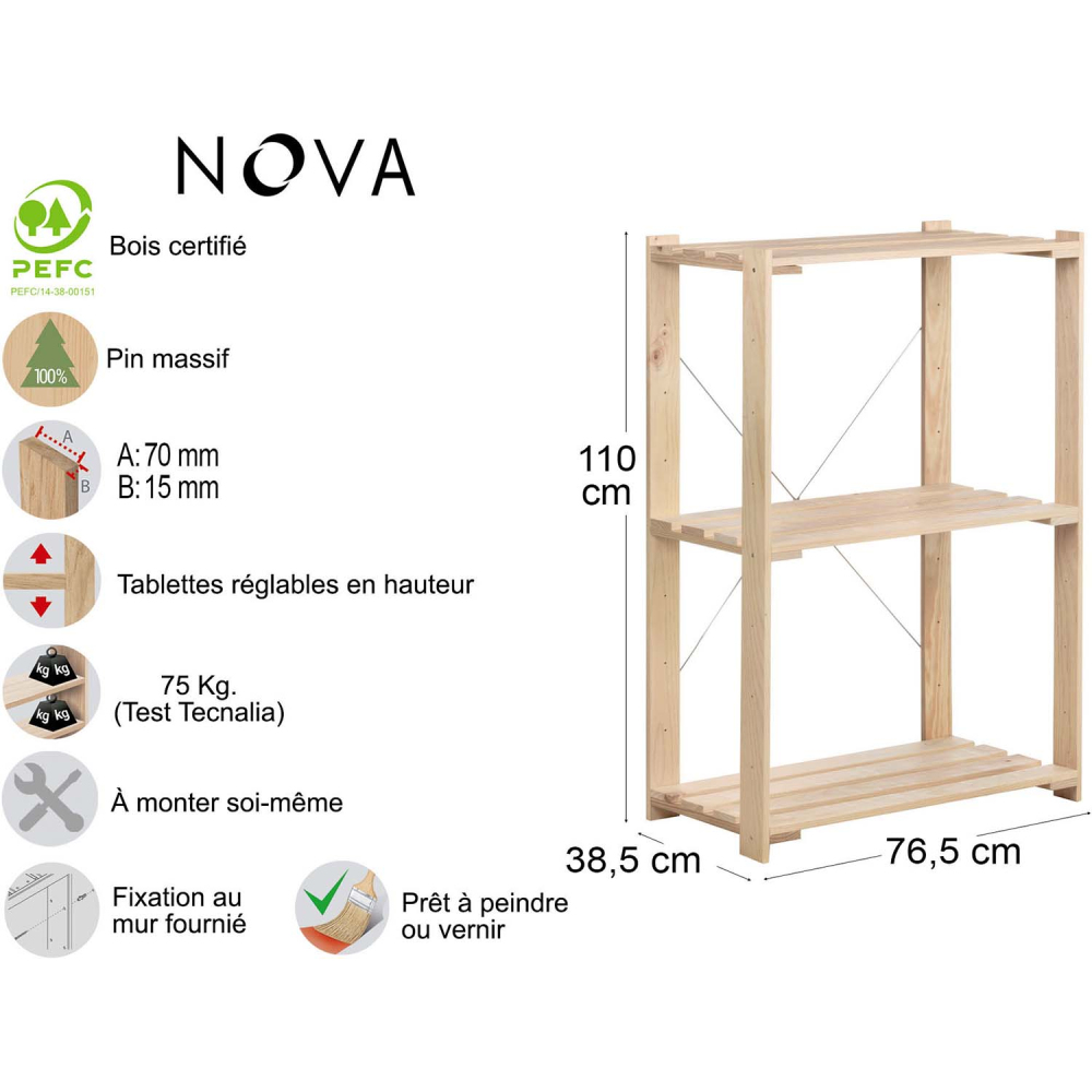 Etagère en pin massif nova 76.5 x 38.5 x 110 cm