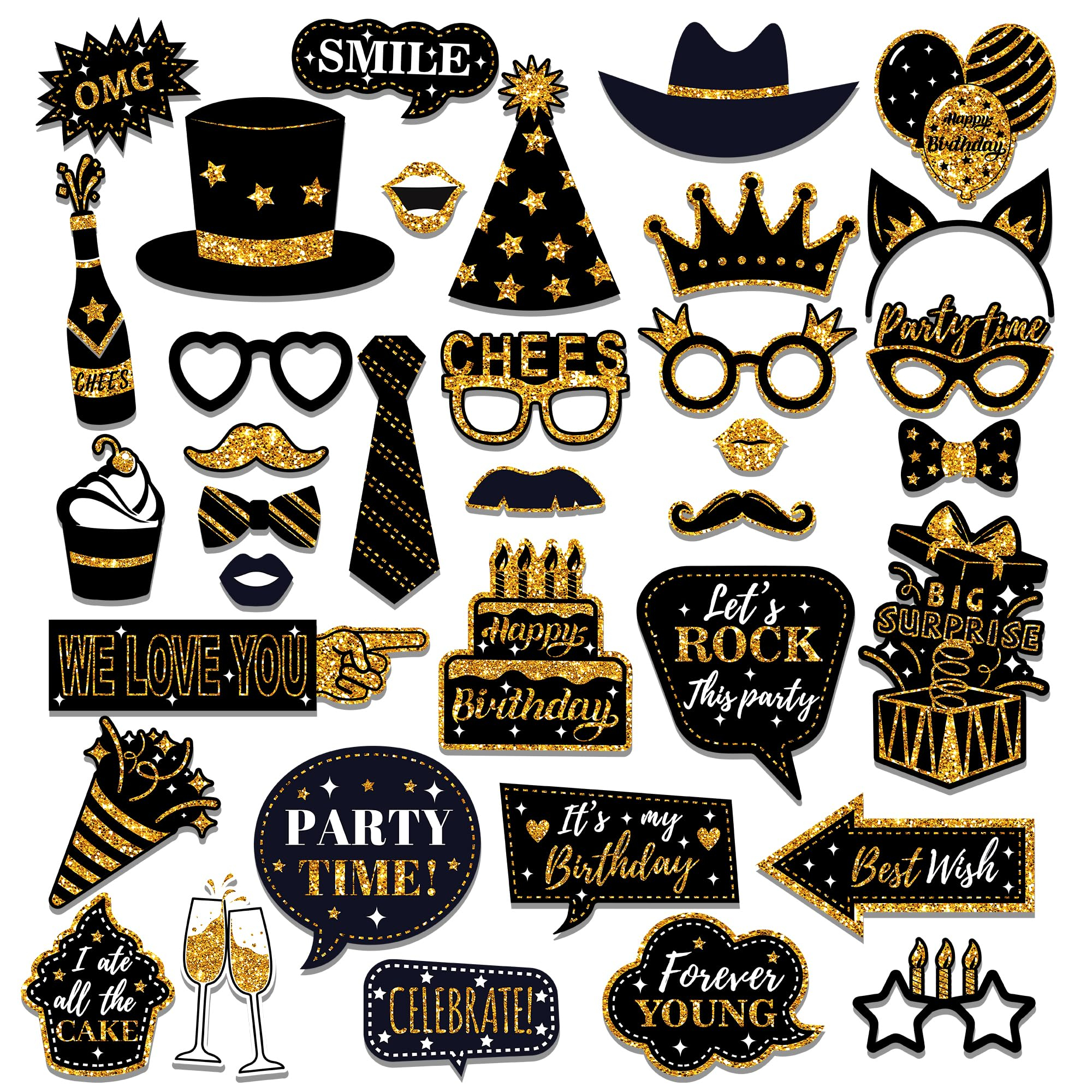 (36er Set) Geburtstags Photo Booth Fotorequisiten Happy Birthday Party Foto Accessoires Dekorationen für lustige Bilder - Gold / Schwarz