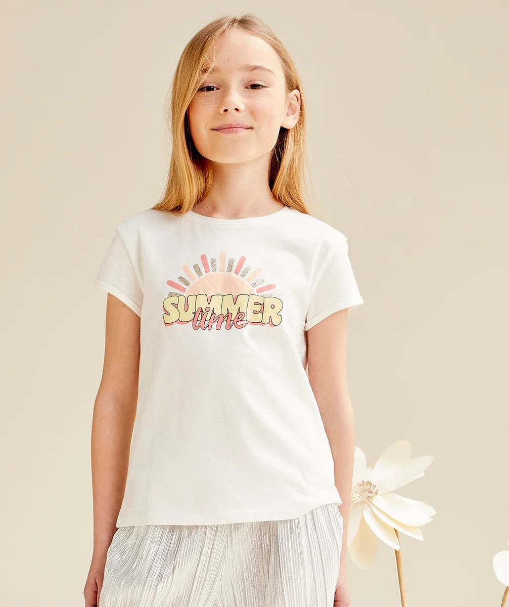 T-SHIRT FILLE EN COTON BIO BLANC AVEC MESSAGE SUMMER TIME ET SOLEIL