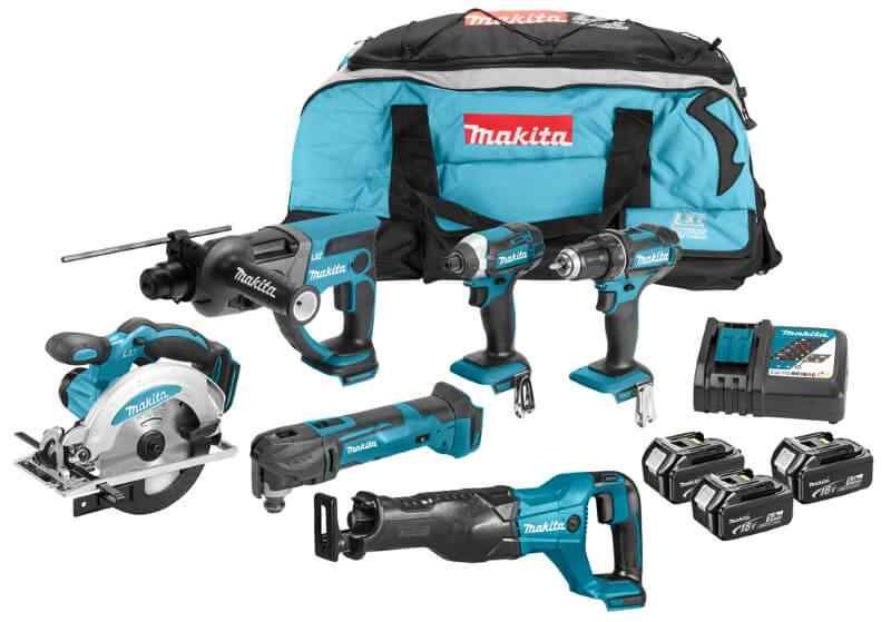 Makita DLX6038T 18V Combiset voor divers zaag-, boor- en (slag)schroefwerk (3x5.0Ah) met snellader in trolleytas