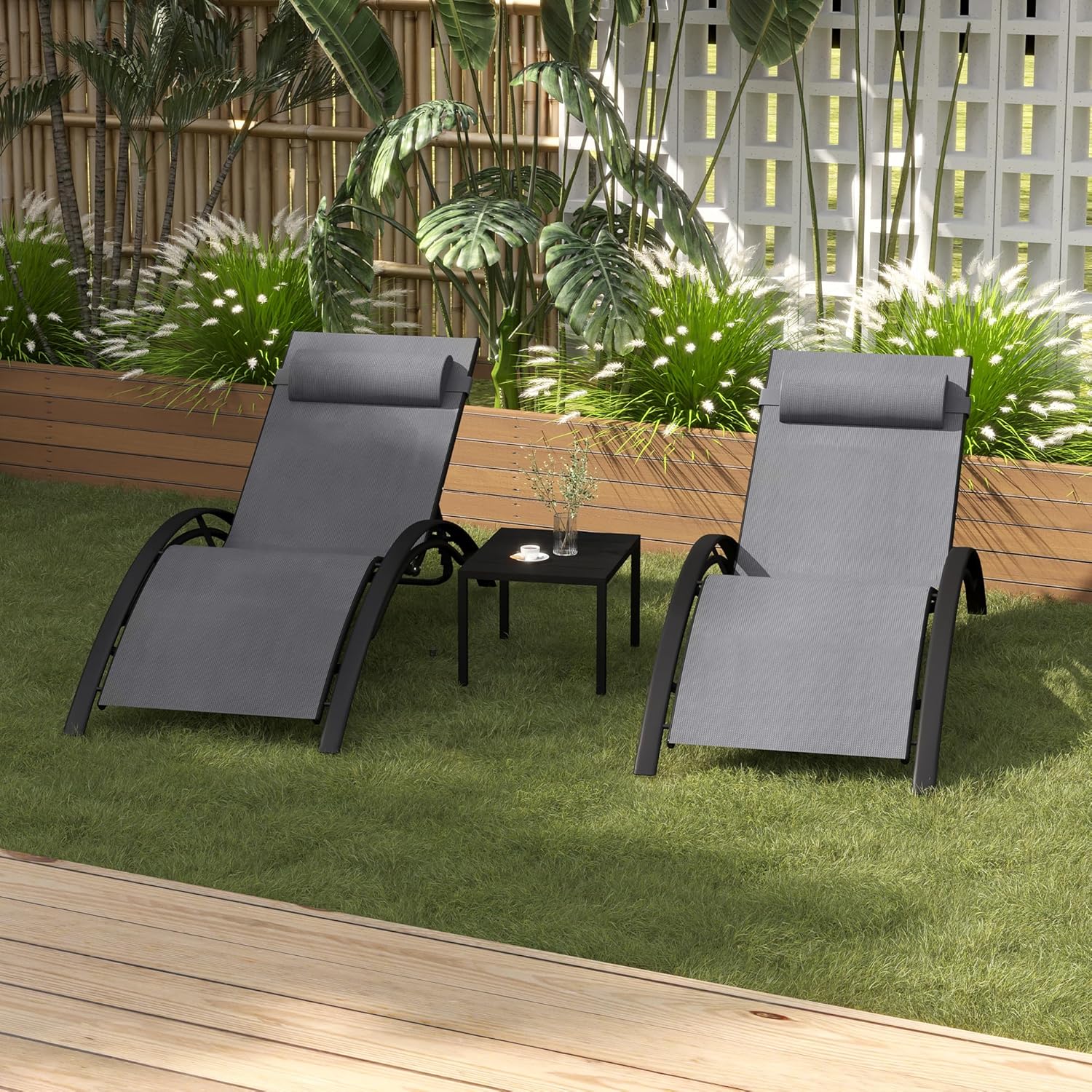 PURPLE LEAF 2-er Set Sonnenliege, Aluminium Gartenliege mit Beistelltisch und Kopfkissen, Wetterfest, 4-Fach Verstellbar, Stapelbar,150 KG Belastung, Diverse Farben, Grau