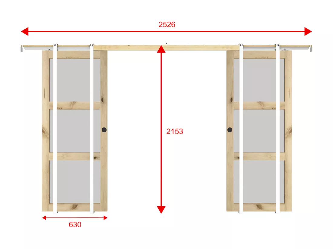 Porte coulissante double avec système à galandage en bois et verre trempé dépoli - 3 fenêtres - 2 x H205 x L63 cm - ACOSTA II