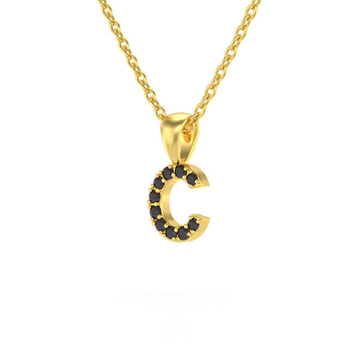 Collier Pendentif ADEN Lettre C Or 750 Jaune Diamant Noir Chaine Or 750 incluse 0.72grs