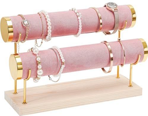ProCase - Armbandhouderstandaard - Goud - Fluwelen Wrap - Houten Basis - 2 Niveaus - Roze