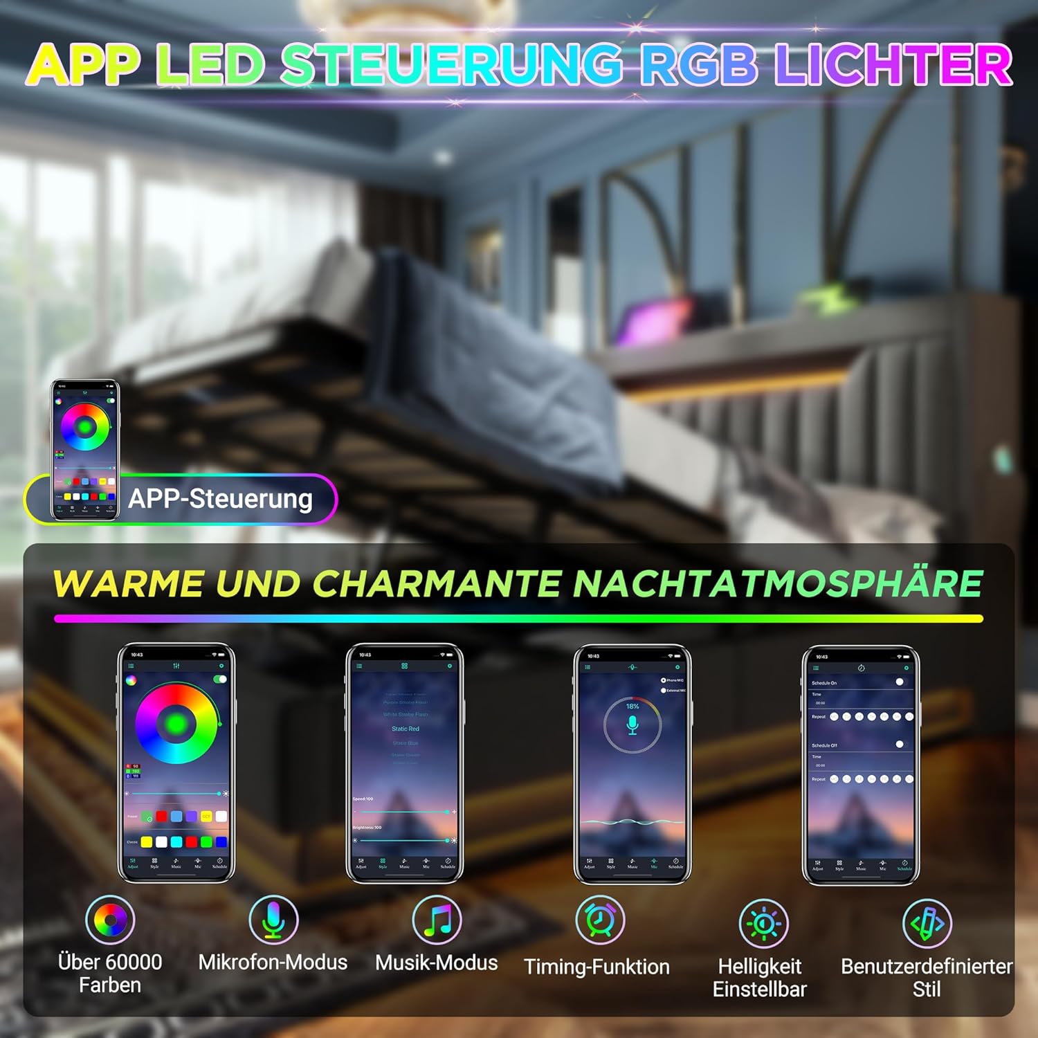 Polsterbett Doppelbett 180x200, LED Jugendbett Hydraulisches Bett Stauraumbett Funktionsbett Bettgestell mit Stauraum&Lattenrost, Stauraum-Kopfteil mit USB Type-C Aufladen, Leinen, Ohne Matratze, Grau