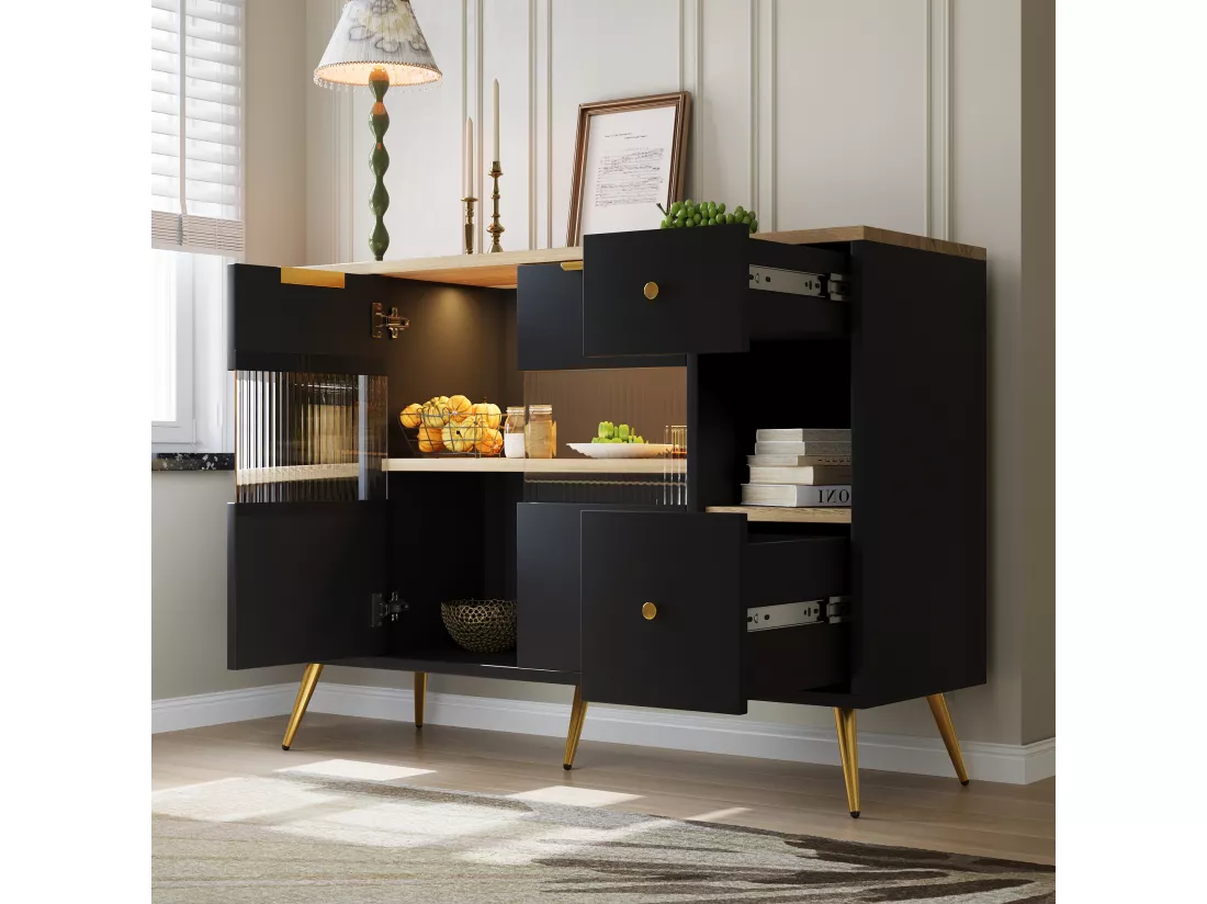 Buffet armoires de rangement effet bois et noir avec 2 portes battantes en verre éclairage LED poignets et pieds dorés RIPHRENS BLACK