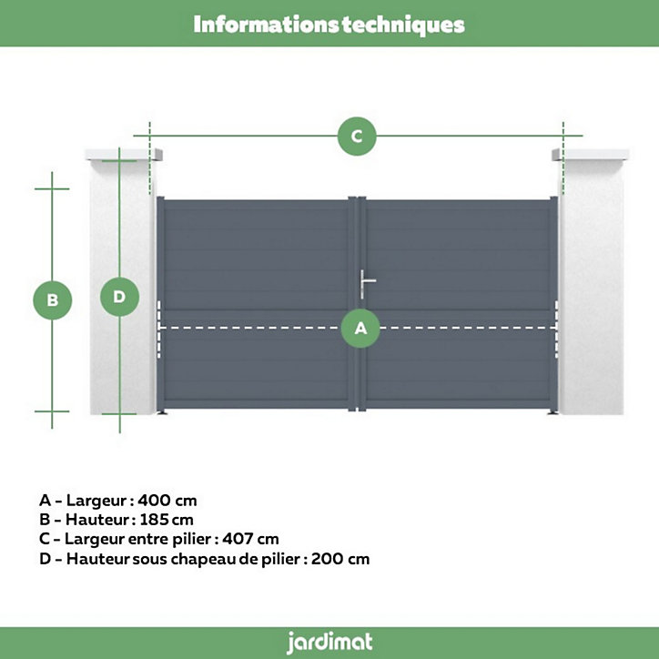 Portail Jardimat battant aluminium Perth gris anthracite - 400 x h.185 cm