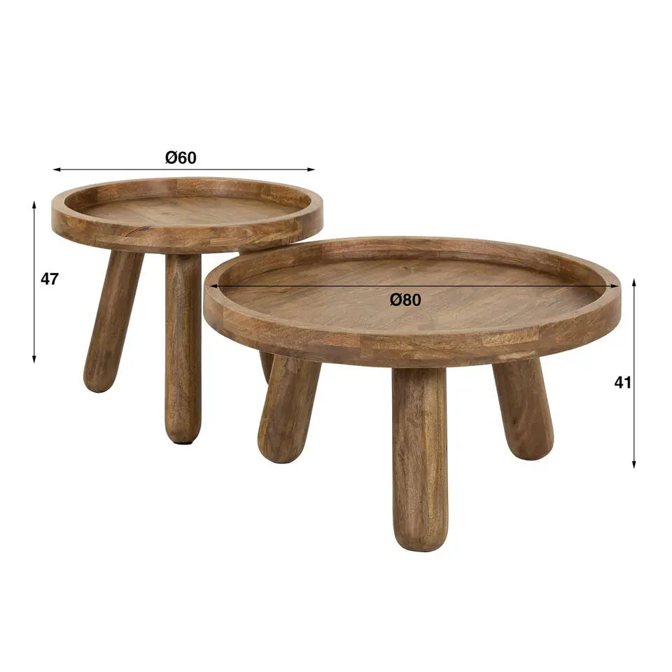 Salontafel Rond - Naturel Mangohout - Set Van 2 - Tripod