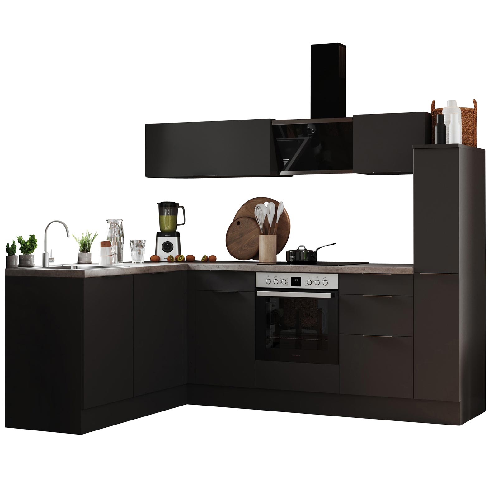 RESPEKTA Winkelküche - grau matt - mit E-Geräten - 250x175 cm