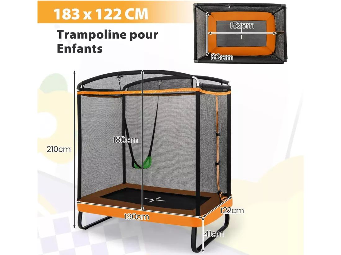2 en 1 Trampoline Extérieur Enfants Rectangulair (190x122cm) avec Balançoire Amovible, Trampoline de Jardin avec Filet de Sécurité, Charge Max 100kg pour Garçon et Fille de 3 Ans+ (Orange)