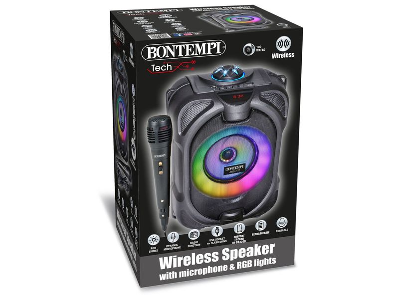 Bontempi Wireless Lautsprecher mit Mikrofon 80W Kabellose Lautsprecherbox mit Radiofunktion