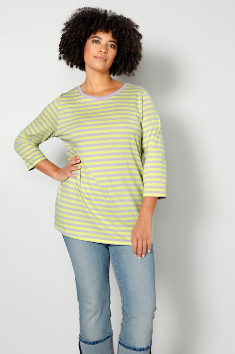 T-Shirt, Classic Fit, Ringel, farbiger Rundhals, 3/4-Ärmel