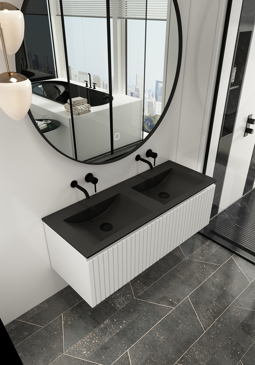 Fontana Lento wit badkamermeubel ribbelfront met zwarte wastafel 120cm zonder kraangaten en ronde spiegel