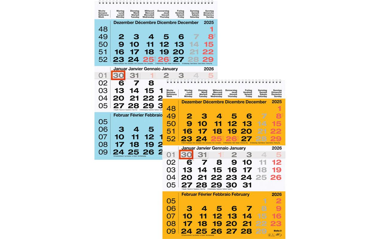 3-Monatskalender 2026 31 x 40 cm, BlauKalender mit Spiralbindung zum Aufhängen