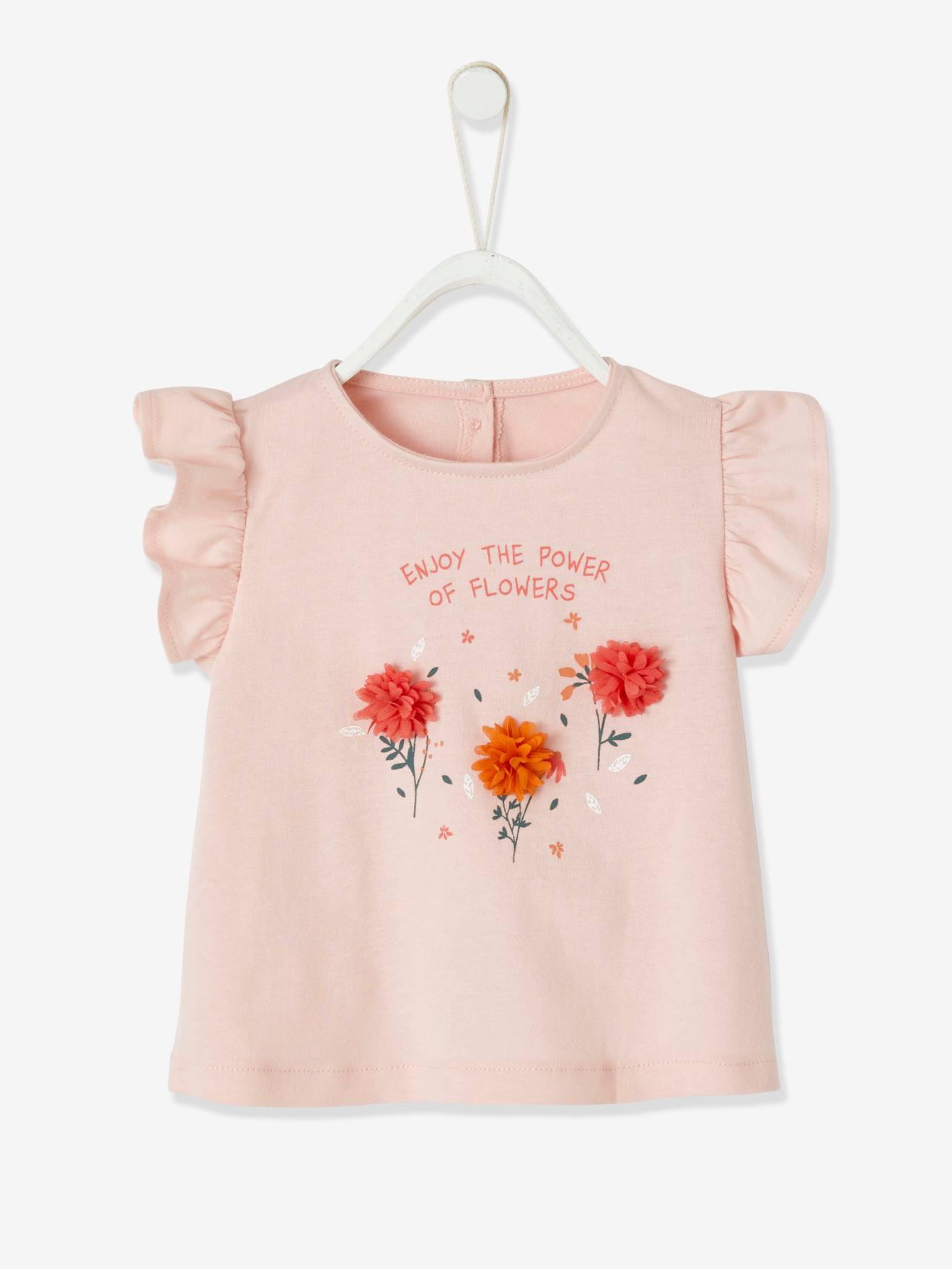 Camiseta infantil com estampa floral em relevo, rosa claro, lisa.