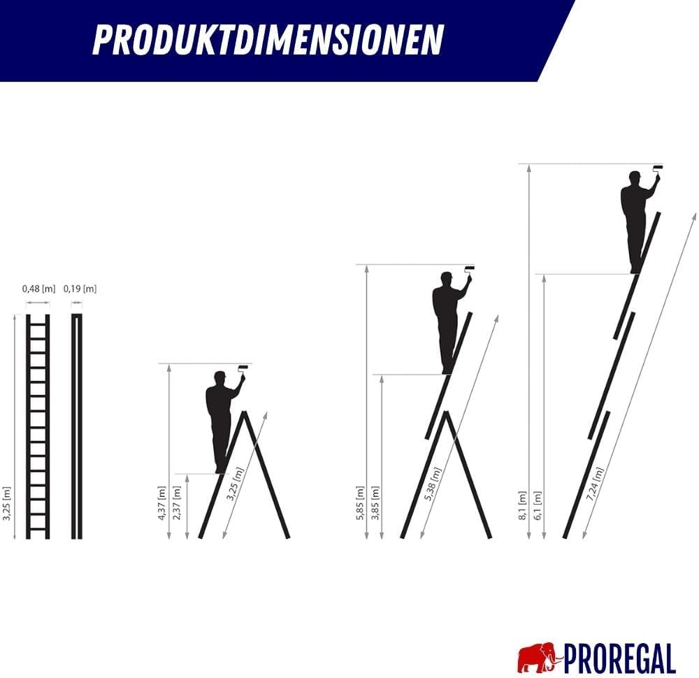 PROREGAL Economy Plus 3-delige multifunctionele ladder met dwarsbalk, 3 x 12 sporten, werkhoogte 8,09 m, draagvermogen 150 kg